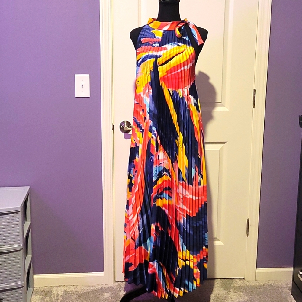 NWOT Printed Watercolor Pleated Flared Maxi dress.
